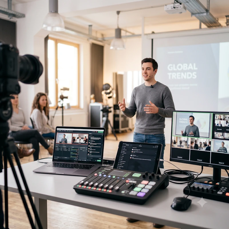 Ein hybrider Vortrag eines jungen Mannes in enem Studioraum mit Publikum im Hintergrund - Meeet-Studios